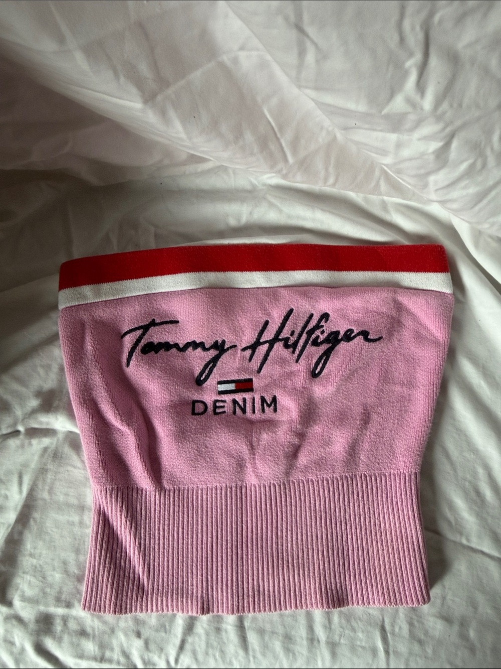 Tommy Hilfiger Pink Strapless Denim Logo Bandeau with Red Trim